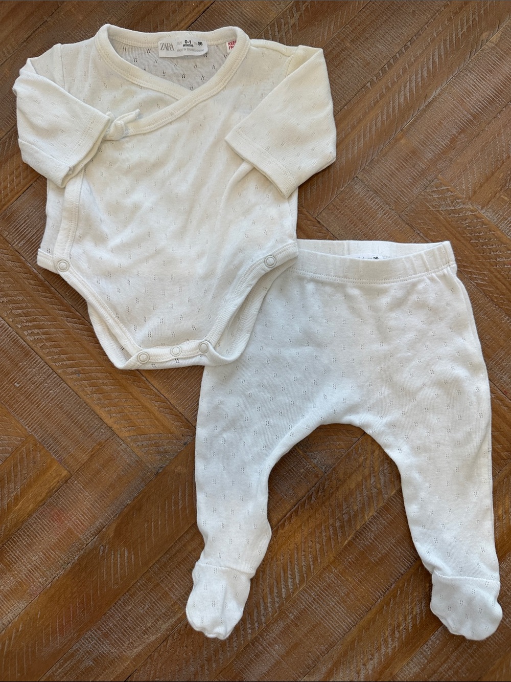 Zara Pointelle Cotton Newborn Baby White Set Wrap Bodysuit & Footed Pants